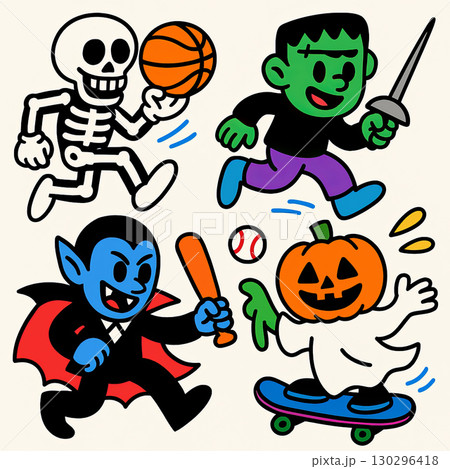 Skeleton playing basketball, Frankenstein with sword, vampire with bat, pumpkin head skateboard Skeleton playing basketball, Frankenstein with sword, vampire with bat, pumpkin head skateboard 130296418