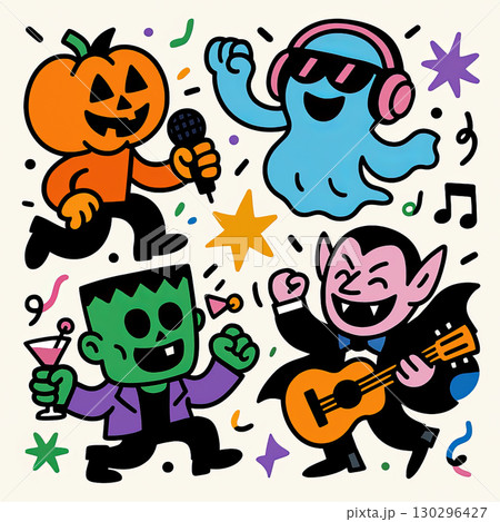 Pumpkin head, ghost, vampire, and monster cartoon characters celebrate with music and dancing Pumpkin head, ghost, vampire, and monster cartoon characters celebrate with music and dancing 130296427
