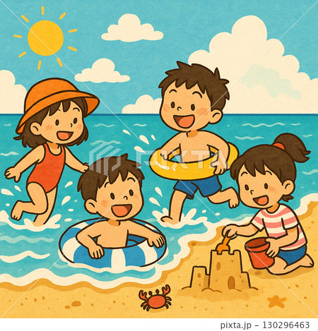 夏の海で遊ぶ子供たちのイラスト素材 [130296463] - PIXTA