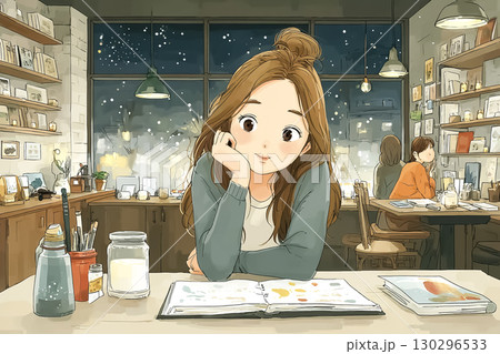 美優シリーズ：若い女性が夜のカフェで創作活動を楽しむ 130296533
