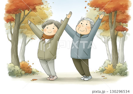 紅葉の中で運動するシニア 130296534