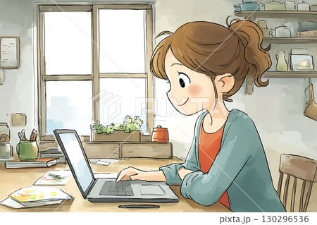 美優シリーズ： 朝日差し込む窓辺でノートPC作業をする女性 タイトル変更  130296536