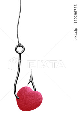 Digital artwork. Red heart symbol caught on sharp fishing hook isolated on white Digital artwork. Red heart symbol caught on sharp fishing hook isolated on white 130296788