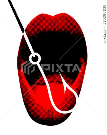 Red lips caught on hook in bold pop art collage 130296839