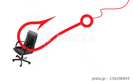 Surreal collage art. Black office chair caught on red fishing hook on white background 130296845