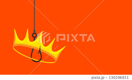 Graphic composition. Golden crown hanging on fishing hook over red background Graphic composition. Golden crown hanging on fishing hook over red background 130296851