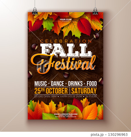 Autumn Fall Festival Party Flyer Illustration with Colorful Falling Leaves and Typography Lettering on Hand Drawn Doodle Background. Vector Colorful Autumnal Design for Celebration Flyer, Banner 130296963