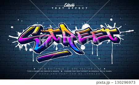 Graffiti Editable Text Effect Design with Customizable Colorful Grunge Hand Drawn Street Art Font on Brick Wall Background. Vector Illustrator Graphic Style Premium Typography Lettering Illustration 130296973