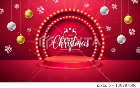 Merry Christmas and Happy New Year Greeting Card Banner with Light Bulb Billboard, Podium and Ornamental Ball on Red Background. Vector Holiday Season Design with Decoration Elements and Typography 130297006
