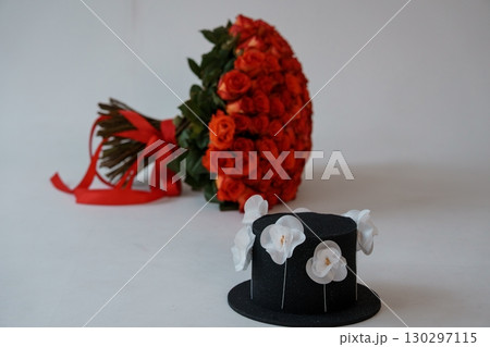 Romantic Red Rose Bouquet and Top Hat Arrangement: Valentine's Gift, Love, Celebration, Stylish Black and White Decor, Luxury Floral Design Romantic Red Rose Bouquet and Top Hat Arrangement: Valentine's Gift, Love, Celebration, Stylish Black and White Decor, Luxury Floral Design 130297115
