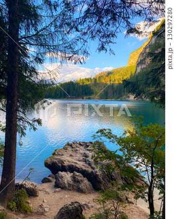 Lago di Braies. Italy, lake in the mountains 130297280