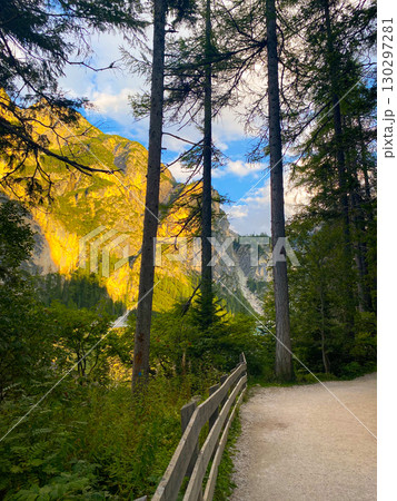 Lago di Braies. Italy, a road through the forest 130297281
