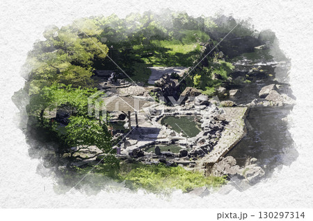 水彩画風 湯原温泉 砂湯 岡山県真庭市 水彩画風 湯原温泉 砂湯 岡山県真庭市 130297314