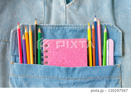 Color pencils in pocket jean.Back to school concept. Color pencils in pocket jean.Back to school concept. 130297567