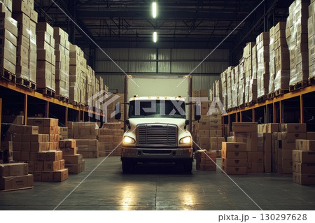 White Truck in Industrial Warehouse Setting White Truck in Industrial Warehouse Setting 130297628