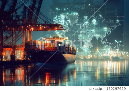 Dynamic View of a Cargo Ship at the Dock 130297629