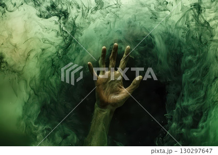 A hand is reaching out into a green smoke filled tunnel A hand is reaching out into a green smoke filled tunnel 130297647