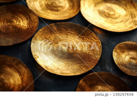 A close up of a gold plate with a rippled edge 130297656