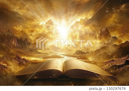 A book is open to a page with a sun shining on it A book is open to a page with a sun shining on it 130297676