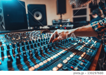 A man is working on a soundboard with a hand on a knob 130297680