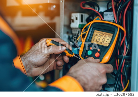A man is working on a circuit board with a multimeter A man is working on a circuit board with a multimeter 130297682