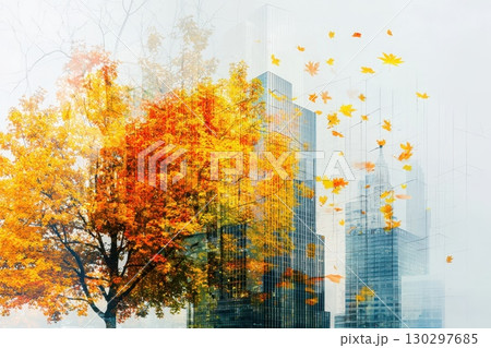 A city skyline with a tree in the foreground and leaves falling from it A city skyline with a tree in the foreground and leaves falling from it 130297685