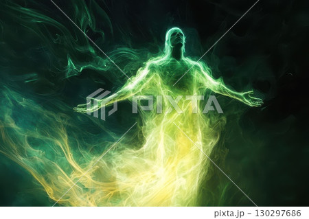 A green and yellow figure with arms outstretched is floating in a green A green and yellow figure with arms outstretched is floating in a green 130297686