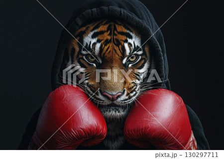 Determined Tiger in Boxing Gloves Portrait 130297711