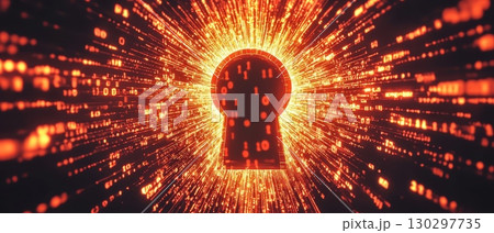 A glowing keyhole in a bright orange background 130297735