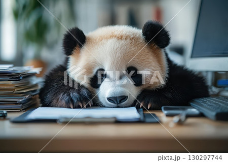A baby panda is sleeping on a desk with a keyboard and a computer monitor 130297744