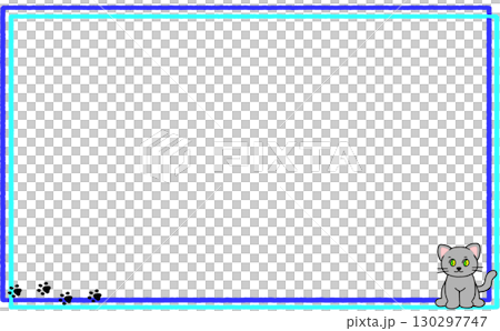一隻可愛的灰貓坐著，還有它的腳印！簡約時尚的藍色畫框。 130297747