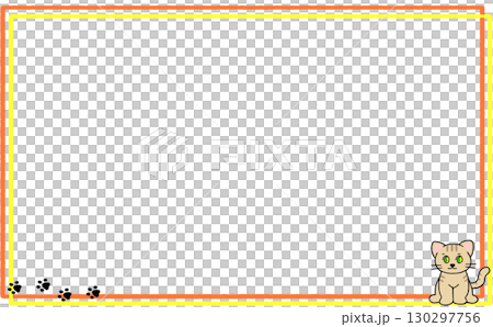 A cute sitting tabby cat and its footprints! A simple and stylish yellow frame 130297756