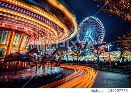 Spinning Carousel with Colorful Lights at Night, conveying the joy of amusement parks 130297779