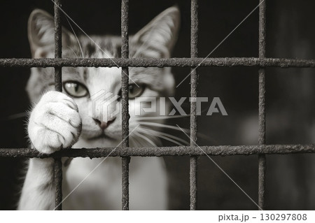 Stray Cat Behind Bars in Black and White 130297808