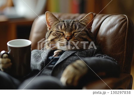 A cat is wearing a suit and holding a coffee mug A cat is wearing a suit and holding a coffee mug 130297838