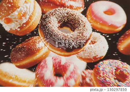 A close up of many different types of donuts with sprinkles and chocolate A close up of many different types of donuts with sprinkles and chocolate 130297850