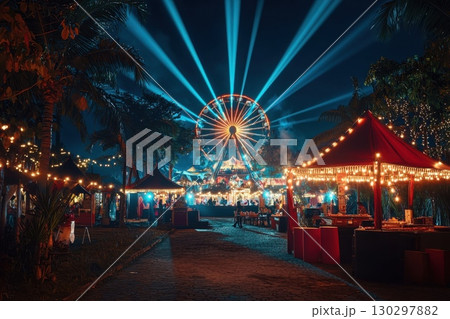 A carnival with a Ferris wheel and a lot of lights 130297882