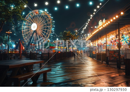A carnival with a Ferris wheel and a lot of lights A carnival with a Ferris wheel and a lot of lights 130297930