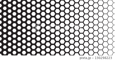 Hexagonal grid pattern with gradient line thickness. Black and white geometric honeycomb design transitioning from bold to thin outlines. Abstract vector illustration 130298223