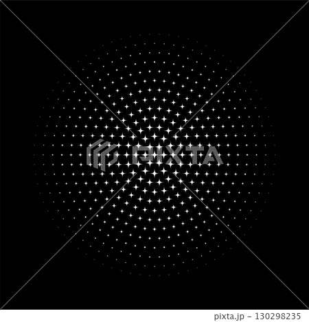 Abstract halftone star dotted round patter. White geometric shape with gradient effect on black background. Minimalistic, futuristic, graphic vector illustration 130298235