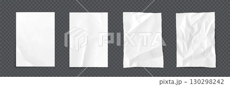 Paper sheets with wrinkles texture. Set of white empty vertical pages with smooth, folded, and wrinkled surfaces. Realistic vector illustration for notes, posters, or design mockups 130298242