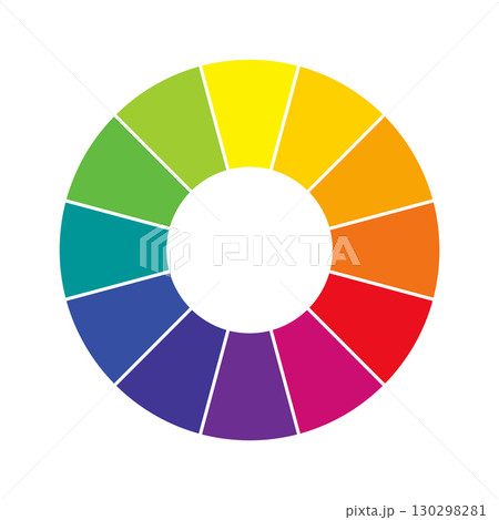 Color wheel chart circle. Bright rainbow spectrum divided into 12 equal segments on white background. Circular palette for color theory, design, or visual harmony. Vector illustration 130298281