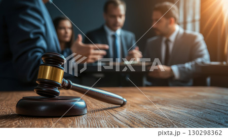 judge gavel rests on wooden table, symbolizing authority and justice, while legal professionals engage in discussion 130298362