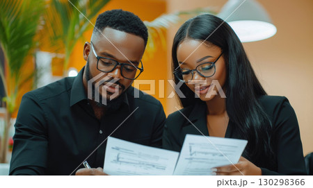 Collaborative professionals reviewing financial documents in modern office setting, showcasing teamwork and focus Collaborative professionals reviewing financial documents in modern office setting, showcasing teamwork and focus 130298366