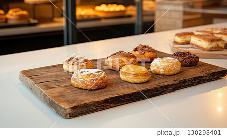 Delicious pastries arranged on rustic wooden board, showcasing variety of flavors and toppings, perfect for sweet treat 130298401