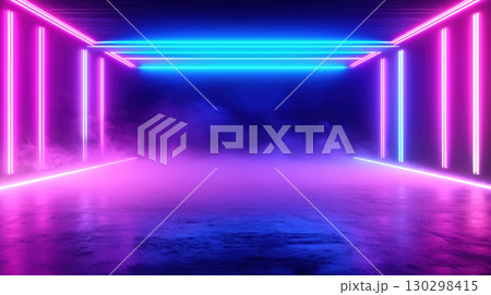vibrant, futuristic garage room illuminated by neon lights, creating captivating atmosphere with colorful reflections vibrant, futuristic garage room illuminated by neon lights, creating captivating atmosphere with colorful reflections 130298415