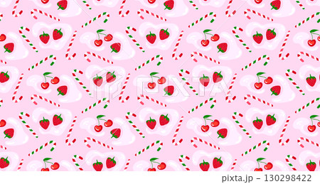 Vibrant and cheerful seamless pattern with candy canes, cherries, and strawberries on a pink creamy background, perfect for festive and sweet designs 130298422