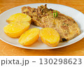 Pork meat with mustard and potatoes on plate 130298623