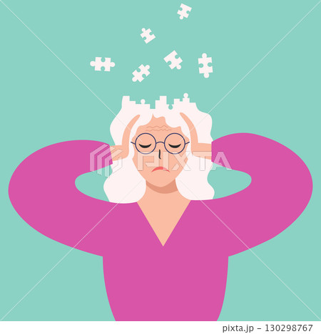Frustrated elderly woman suffers from migraine, memory loss, dementia. Frustrated elderly woman suffers from migraine, memory loss, dementia. 130298767