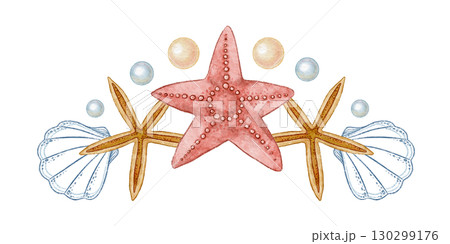 Red five pointed starfish and shell with pearl watercolor design. Hand drawn line art with dots in colored pencil style. Great for summer travel card or holiday print. Perfect for coastal project. 130299176